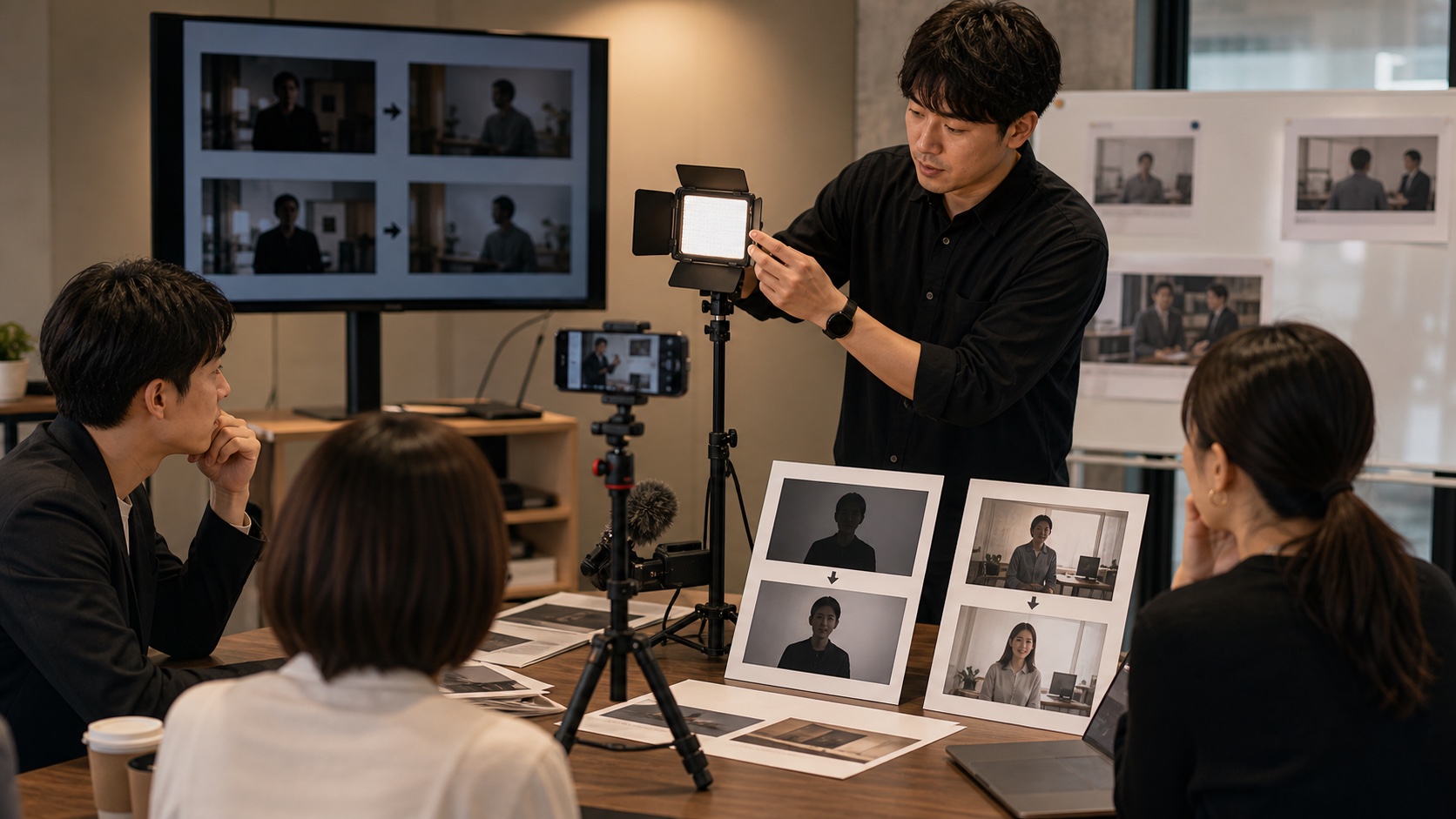 社員が機材を使い質の高い動画を撮影する様子